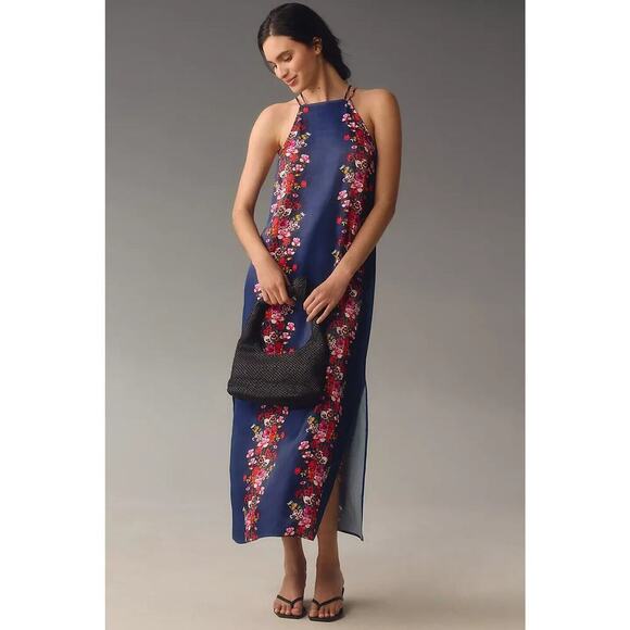 NWD Anthropologie Double-Strap Halter Column Floral Midi Dress Sz XS Navy GC211 - Picture 1 of 12
